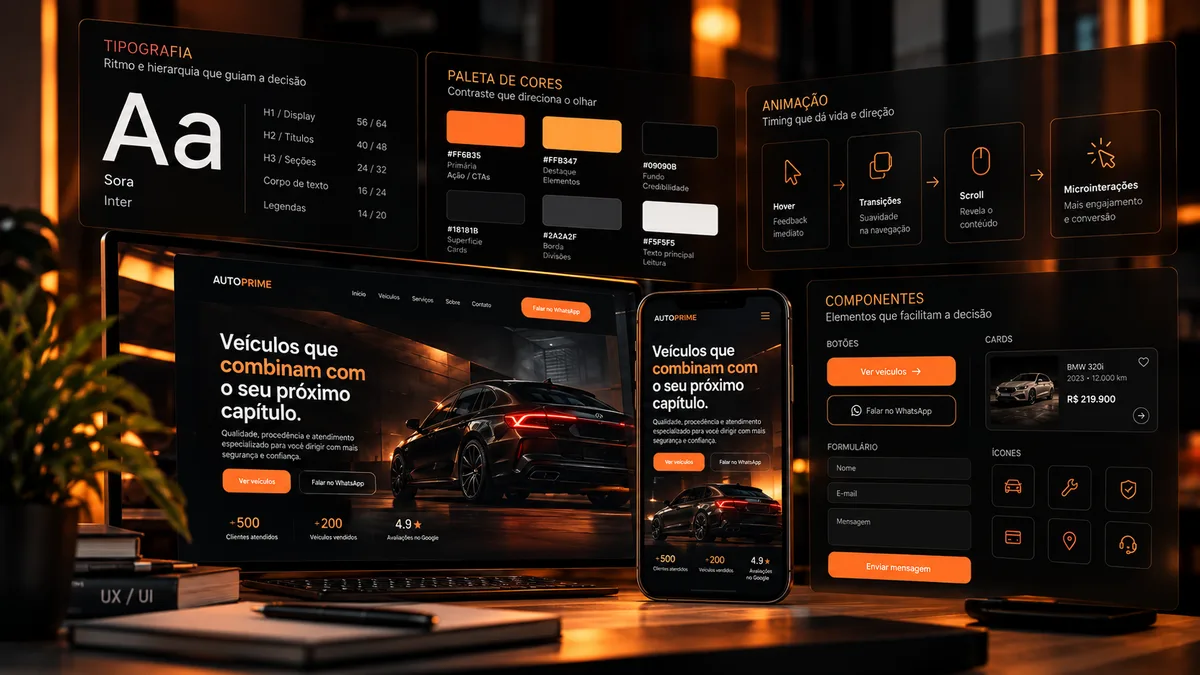 Guia visual com tipografia, paleta de cores, animações e componentes ao lado do site aplicado no desktop e no celular