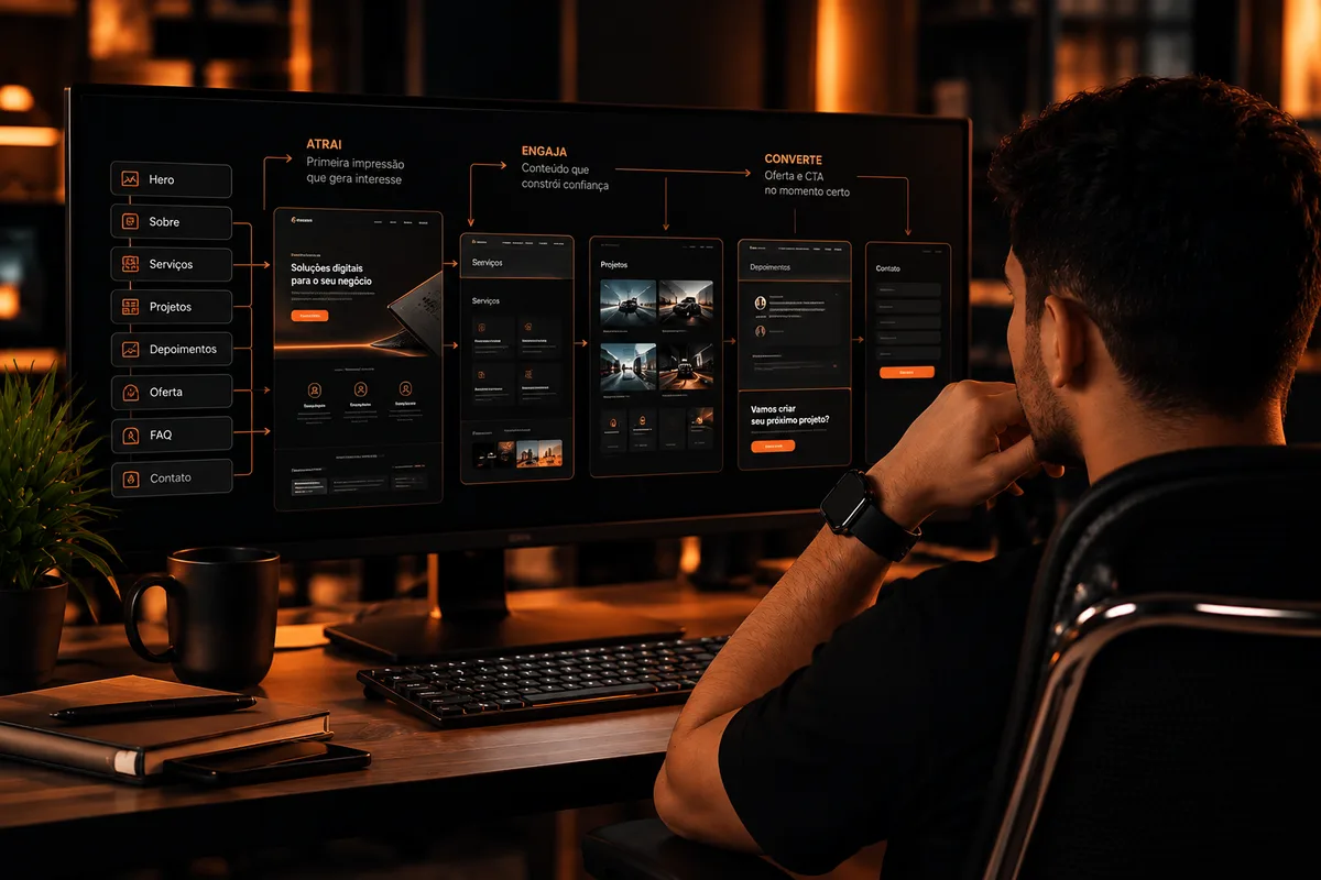 Mapa da estrutura de um site em um monitor: atrair, engajar e converter