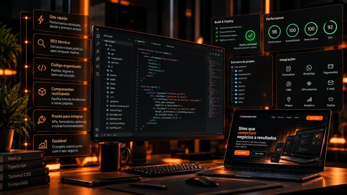 Editor de código com o projeto organizado, painel de deploy concluído e notas altas de performance, acessibilidade e SEO