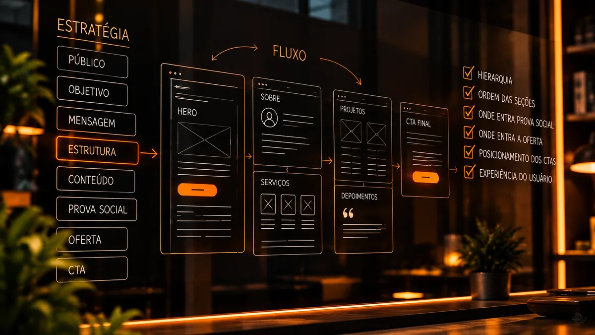 Wireframes de um site ligados por um fluxo, com checklist de hierarquia, prova social, oferta e CTAs